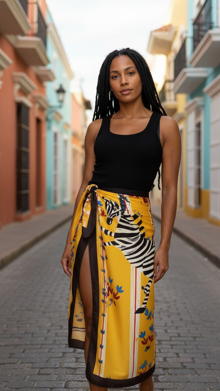 Modelo con falda Kenia de A F R A A T E L I E R, falda pareo amarilla con estampado de cebra y flores en calle
