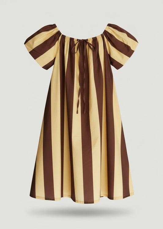 Vestido corto A F R A A T E L I E R de rayas marrón y crema con mangas abullonadas y lazada frontal.