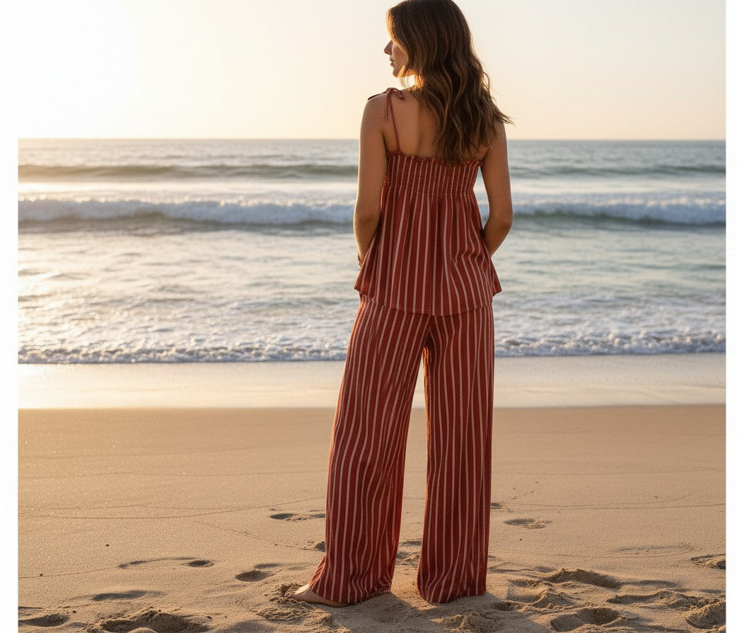 Conjunto A F R A A T E L I E R Famara de rayas teja y blanco con top de tirantes y pantalón fluido en la playa