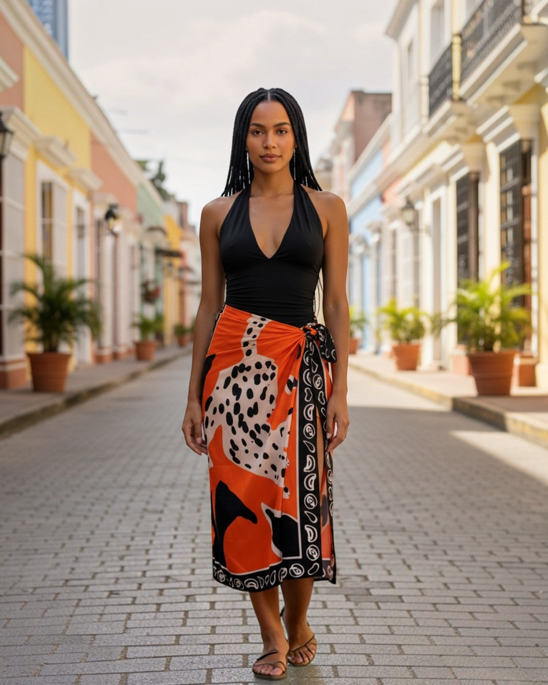Modelo con falda larga A F R A A T E L I E R con estampado naranja y negro, estilo pareo en calle colonial