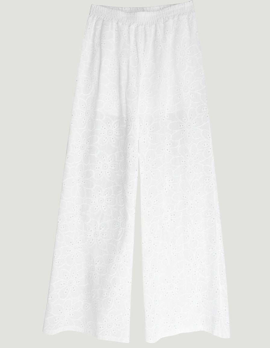Pantalones blancos de pernera ancha A F R A A T E L I E R en algodón con encaje bordado floral y cintura elástica