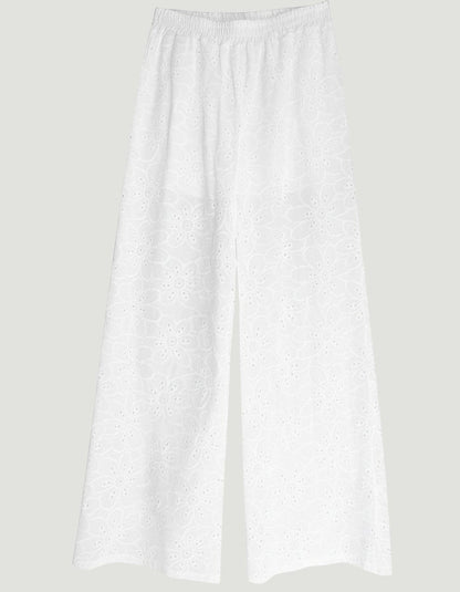 Pantalones blancos de pernera ancha A F R A A T E L I E R en algodón con encaje bordado floral y cintura elástica