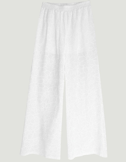 Pantalones blancos de pernera ancha A F R A A T E L I E R en algodón con encaje bordado floral y cintura elástica