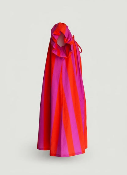 Vestido corto A F R A A T E L I E R de rayas fucsia y naranja con mangas abullonadas y lazada en el escote.
