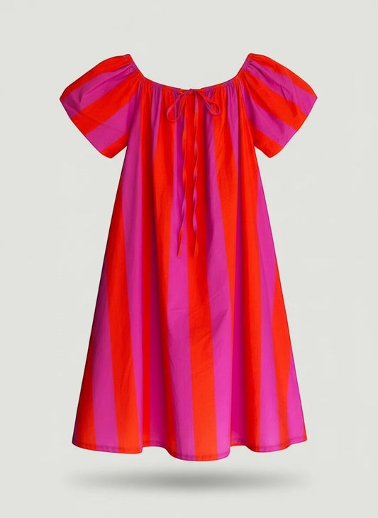 Vestido corto A F R A A T E L I E R de rayas fucsia y naranja con mangas abullonadas y lazada en el escote.