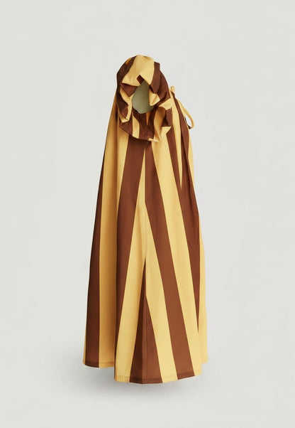 Vestido corto de verano A F R A A T E L I E R con rayas verticales marrón y crema, mangas abullonadas y lazada.